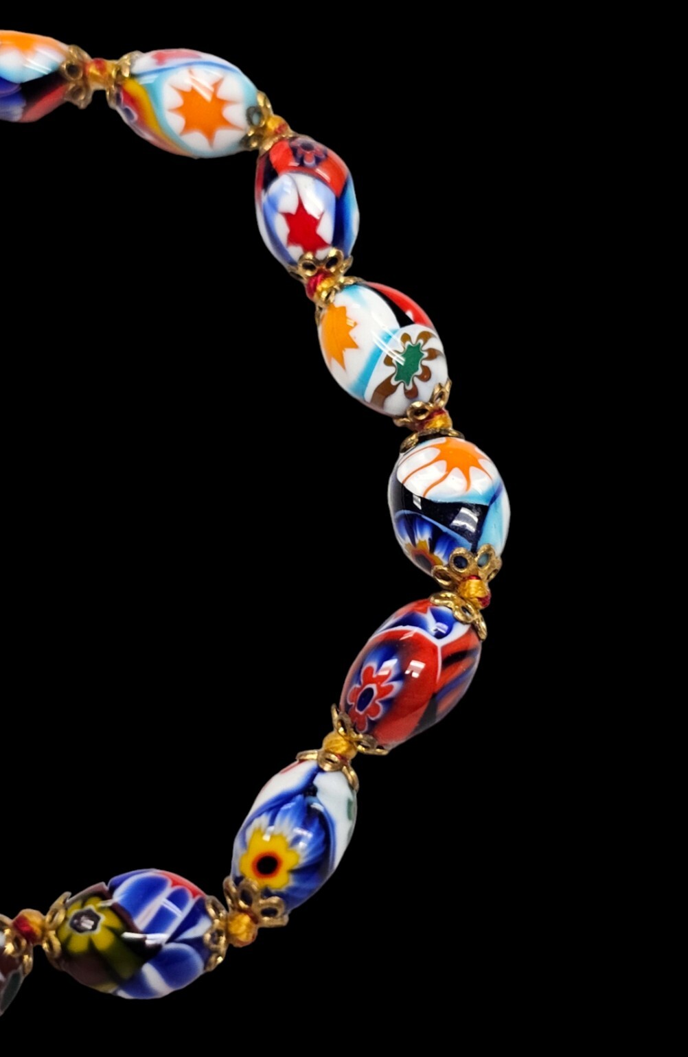 Vintage Colorful Italy Millifiori Glass Bead Hand Knot Gold Metal 7.5″ Bracelet