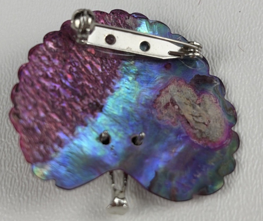 Vintage Purple Carved Paua Abalone Shell Peacock Pin Brooch Silver Tone Bird BOX
