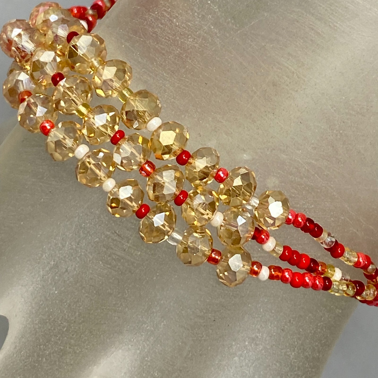 Artisan Seed Bead Bracelet Multi Strand Red Cream Faceted Button Hook Clasp 7.25