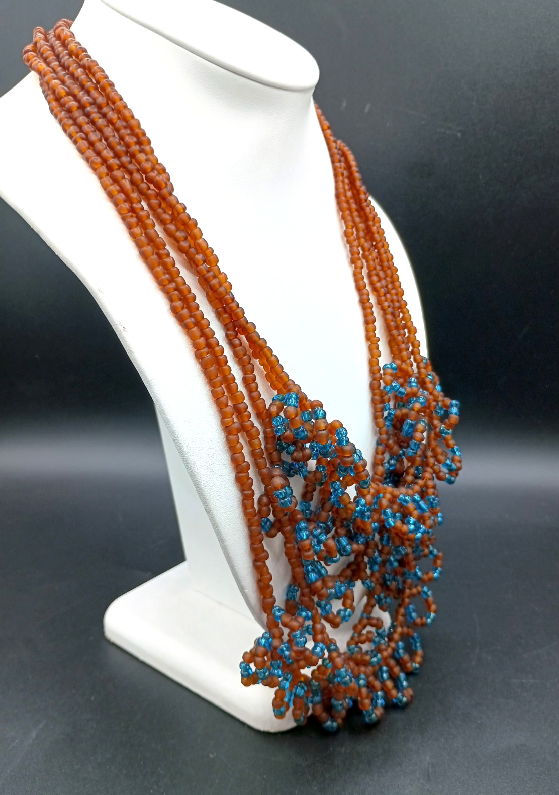 Vintage Seed Bead Necklace Glass Amber Turquoise Color Multi-Strand Artisan 25″