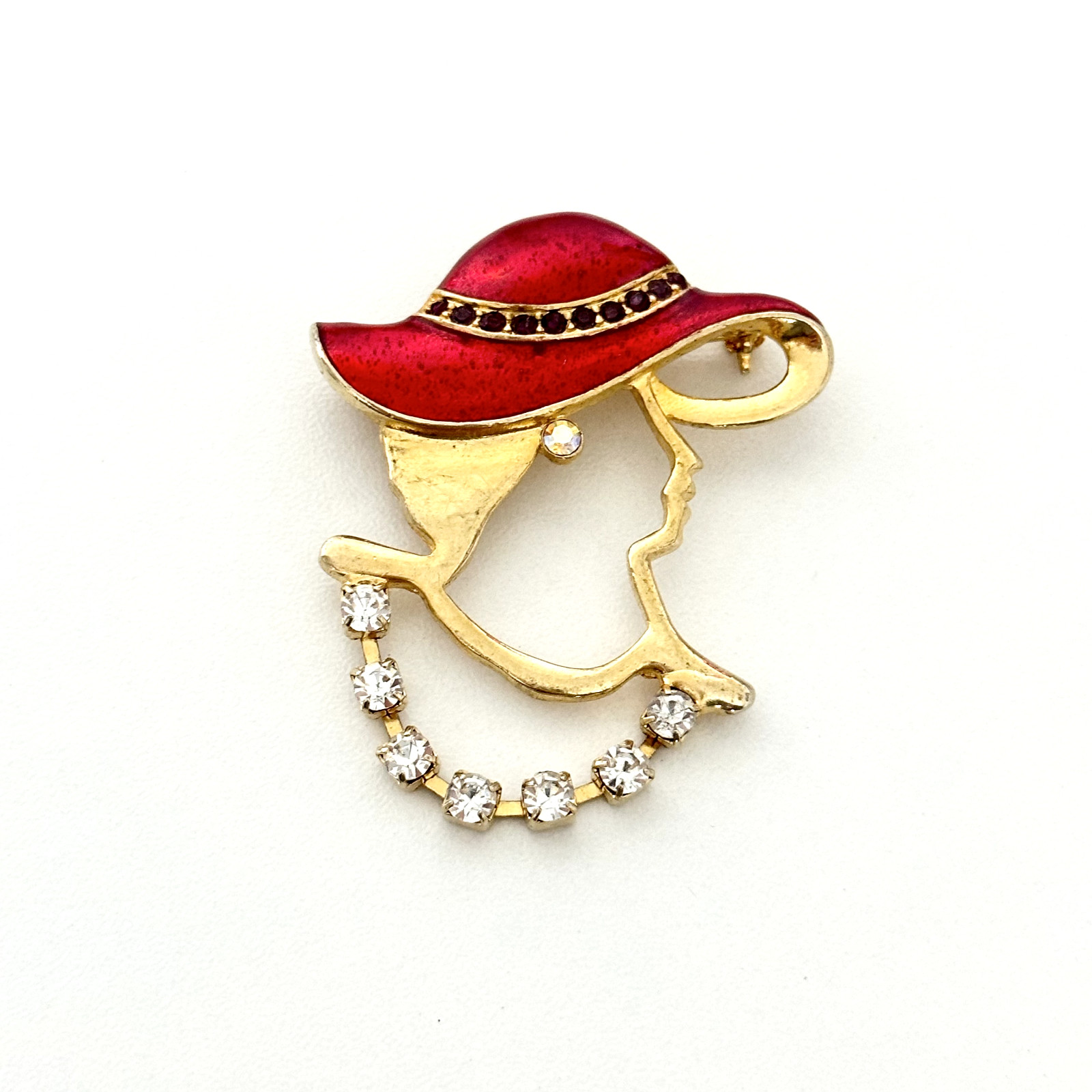 Vintage Gold Tone Lady Red Enamel Hat Bonnet Clear Purple Rhinestone Brooch Pin