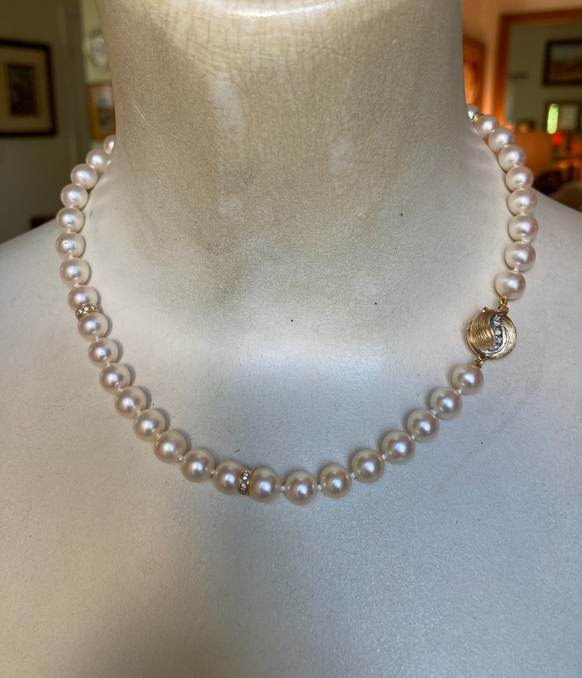 Vintage Diamond 14k Akoya Pearl Necklace 17.5”, 8-8.5mm