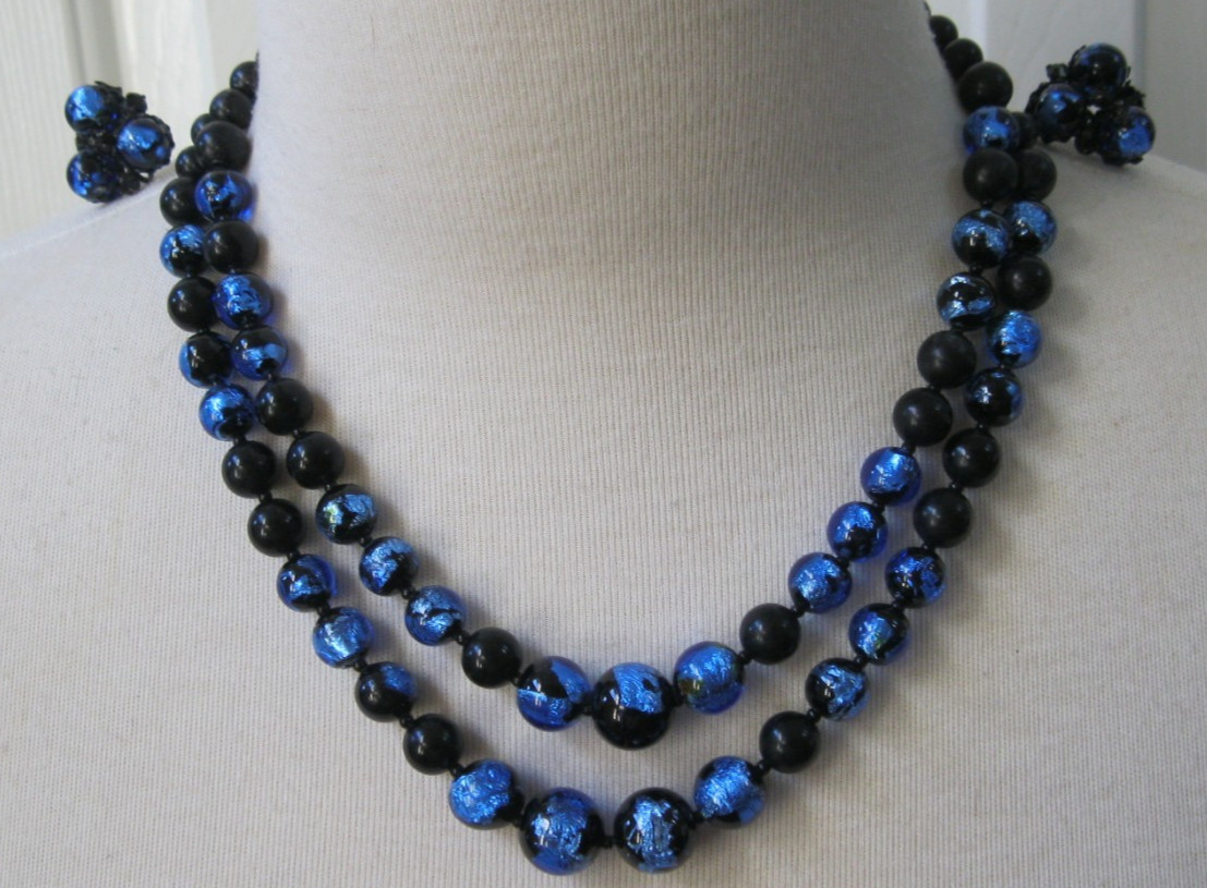 Josef Morton Blue, Black Art Glass Beads 2 Strands Necklace & Clip Earrings Set