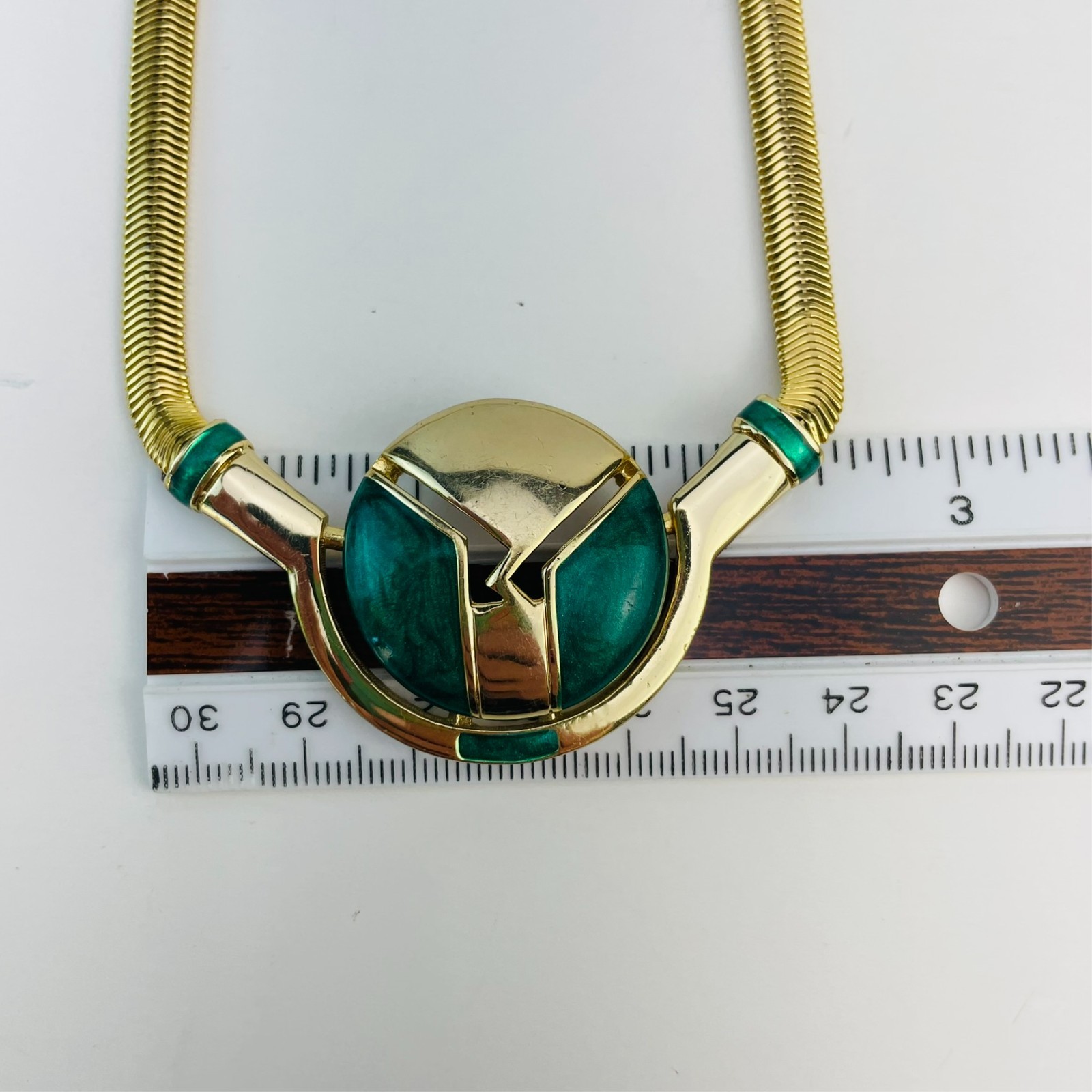 Vintage Orena Paris Choker Necklace Gold Tone Green Enamel Modernist Collar
