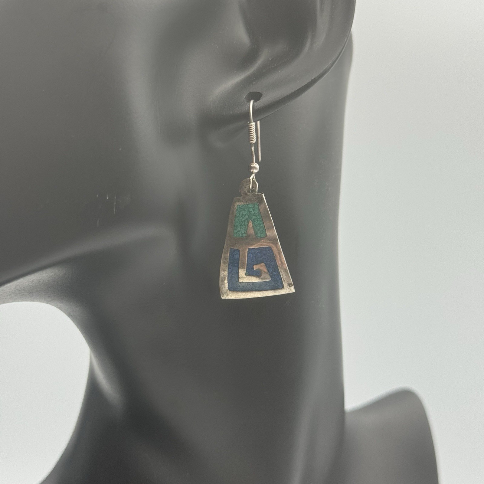 925 Mexico Geometric Earrings Blue + Green Crushed Turquoise Chip Inlay 3.9g