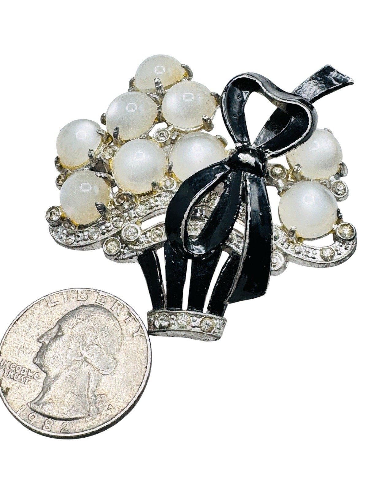 Vintage Coro? Moonglow Cabochon Basket Brooch w/Bow Rhinestones