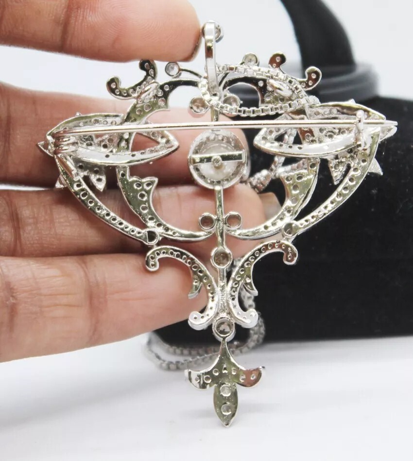 4.16ct Rose Cut Diamond Victorian Look Pearl 925 Silver Brooch And Necklace