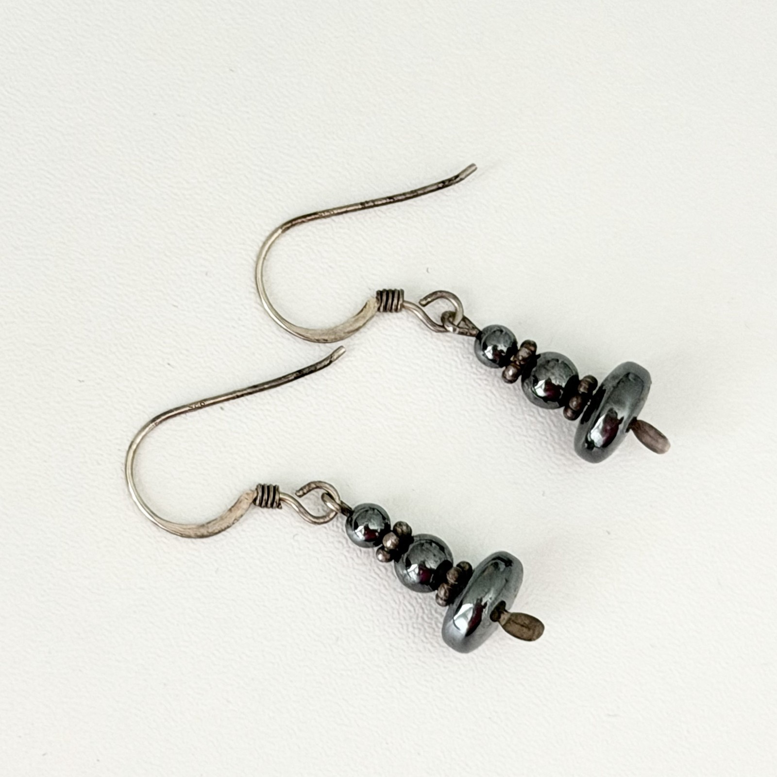 Vintage 925 Sterling Silver Hematite Bead Ball Dangle Earrings