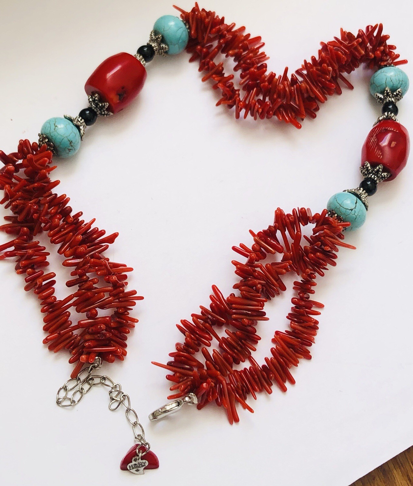 Vtg HDNY Red Coral Necklace W/ Beautiful Turquoise Beads Approximately 76grams