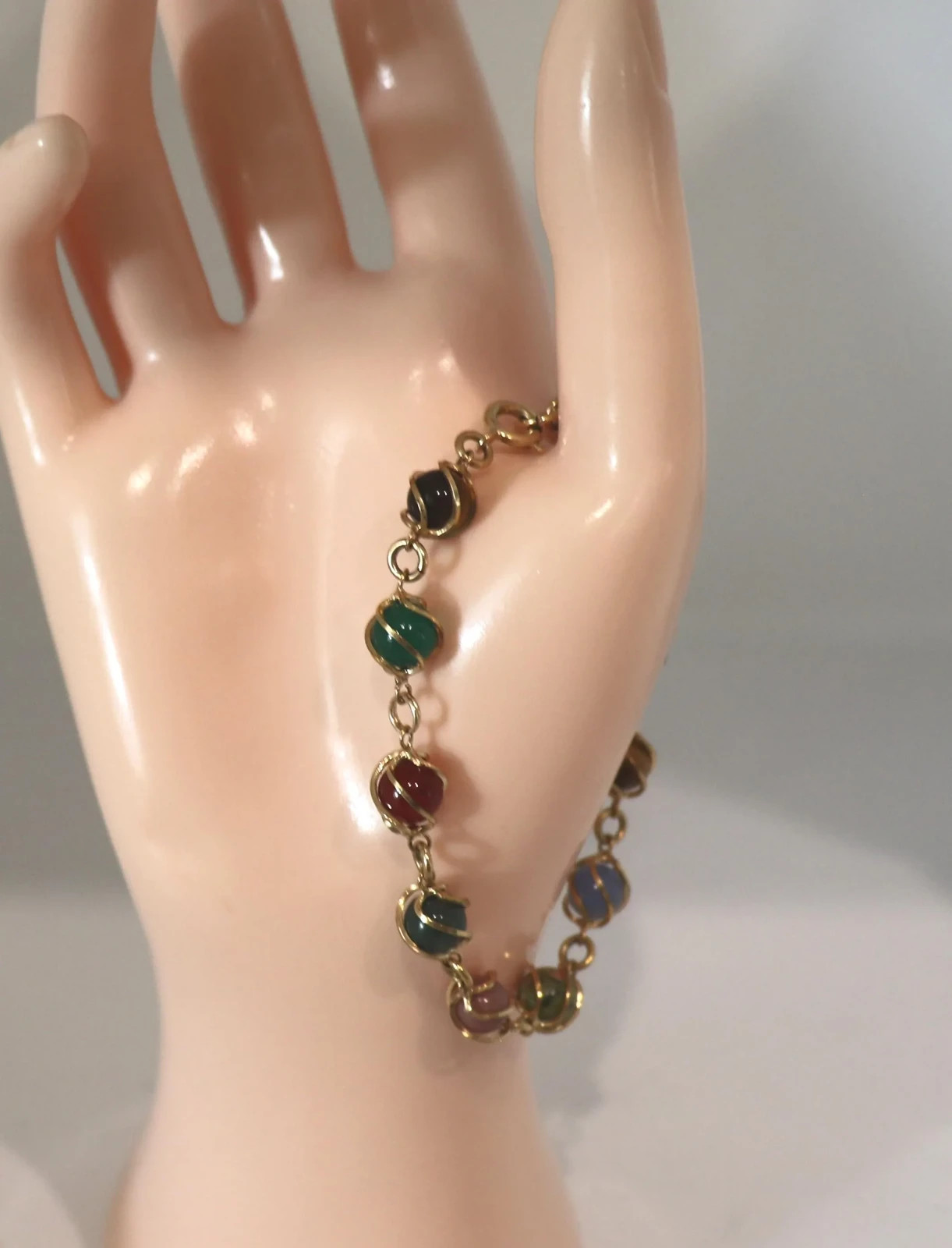 Vintage 12k Gold Filled Real Stone Bracelet Tigers Eye Carnelian Agate Jade