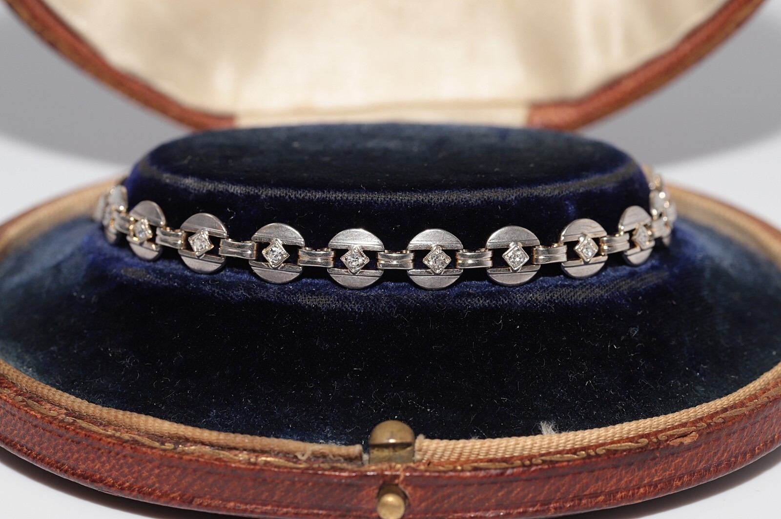 Antique Circa 1920s Art Deco 14k Gold Natural Diamond Decorated Tennis Bracelet