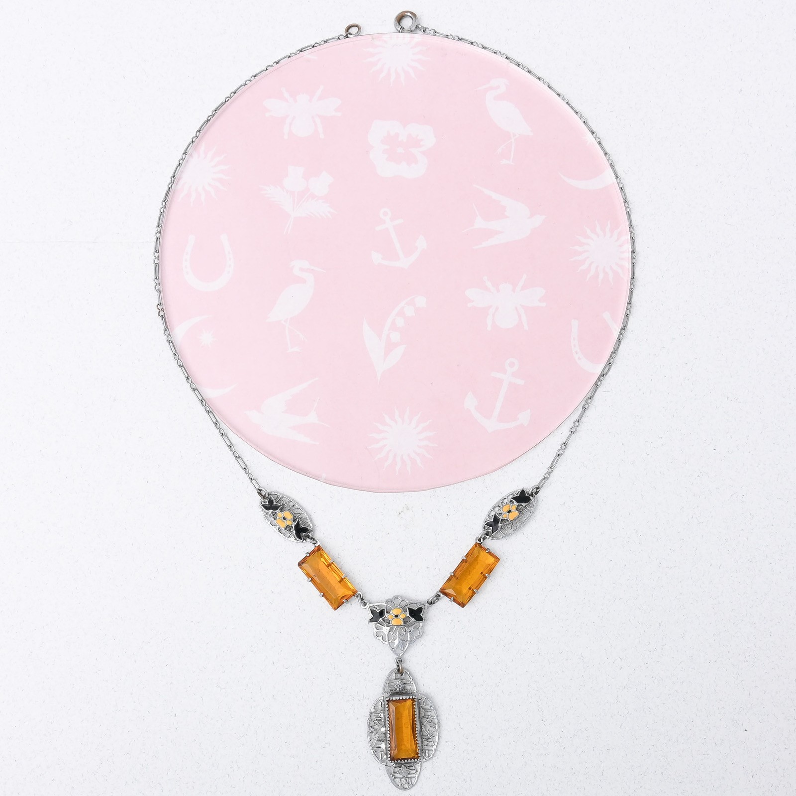 Vtg 1930s Art Deco Silver Filigree Rhodium Plate Flower Glass Enamel Necklace