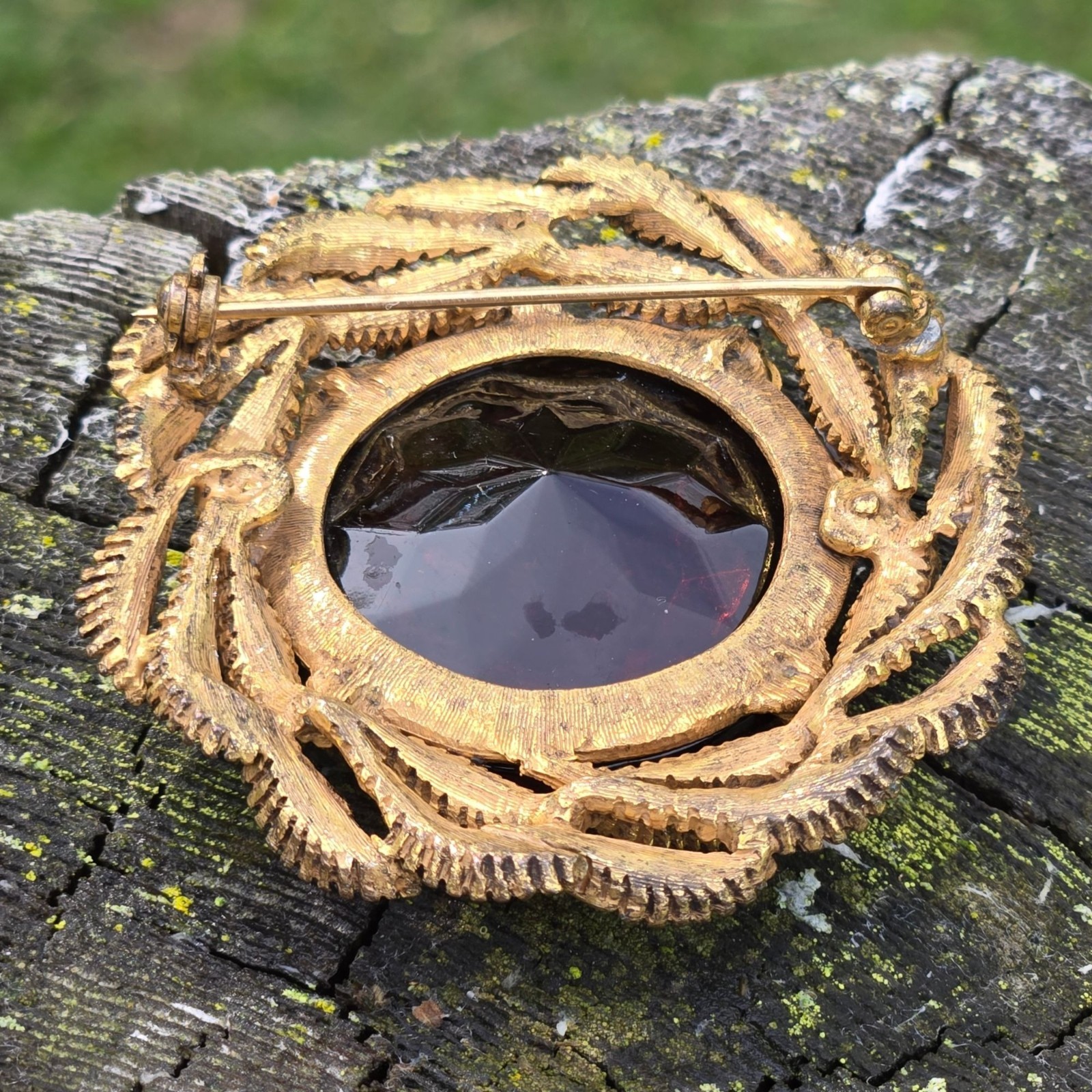 Vintage Amber Glass Brooch Gold Tone Botanical Fern Statement Pin boho Jewelry