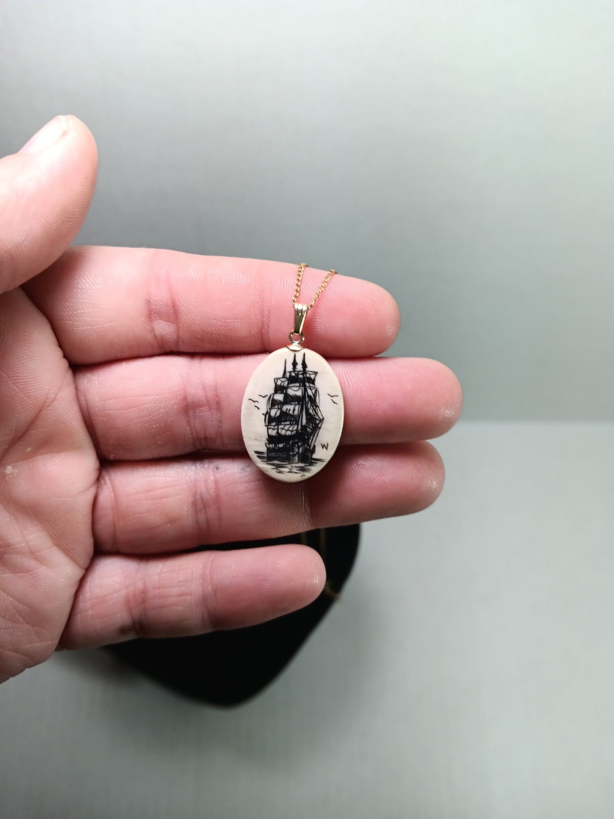 Vintage Scrimshaw Ship Pendant 14K GF Chain Necklace