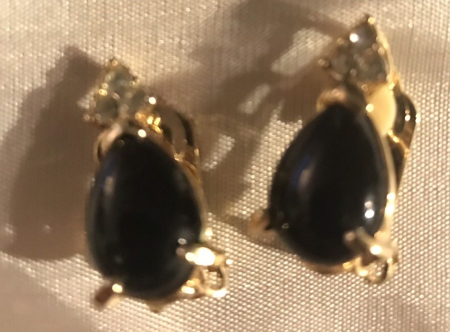 Lindenwold Pear Shape Black Onyx & Swarovski Crystal Clip-on Earrings 14k HGE