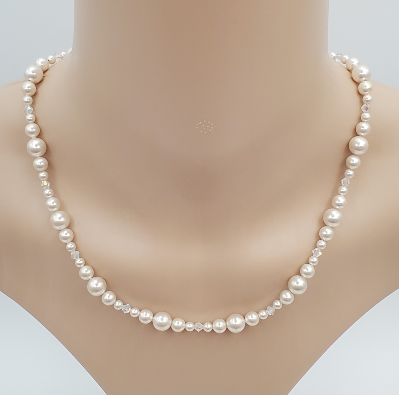 VTG 925 Faux Pearl Bicone Crystal Necklace 18in Sterling Silver 24gtw Estate