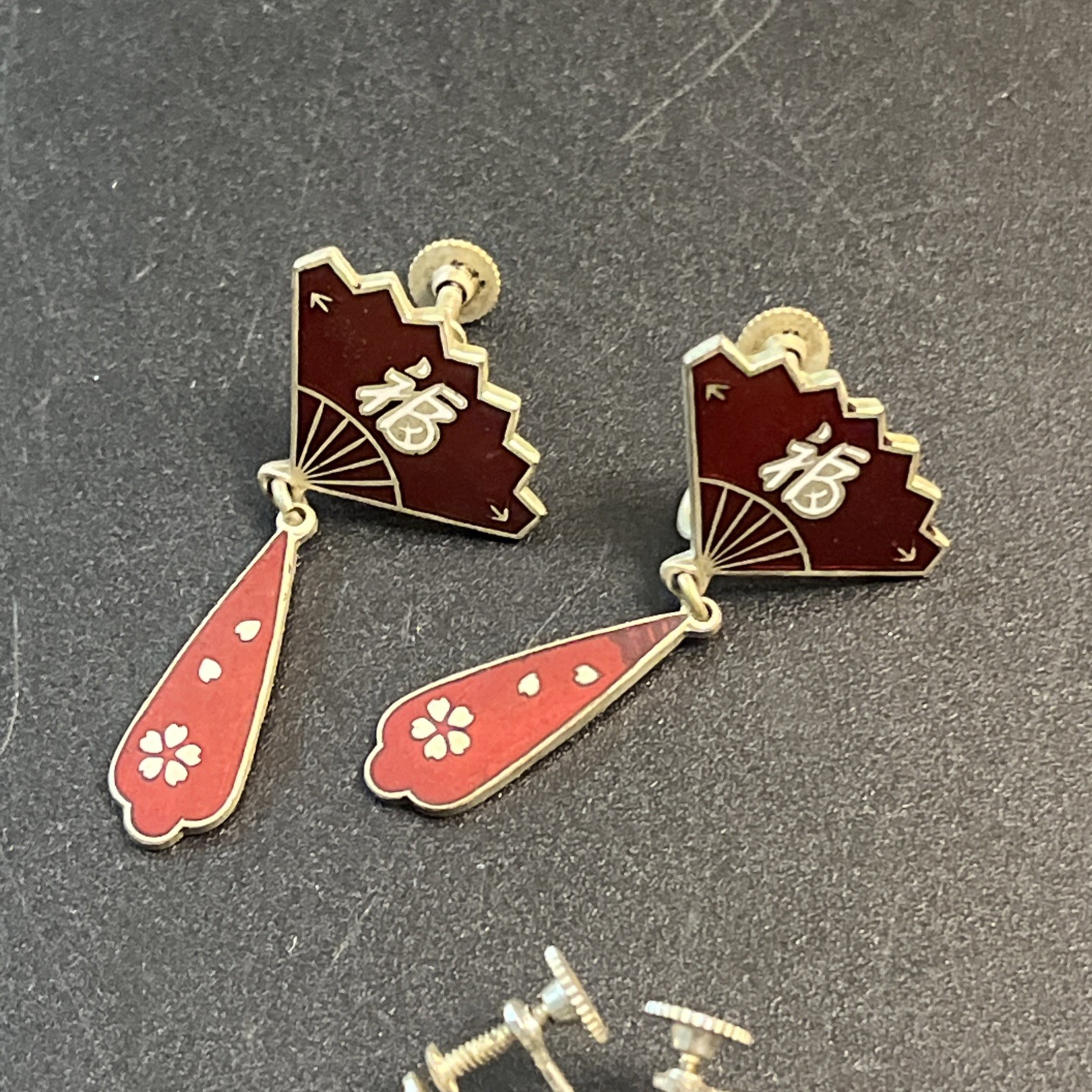 4 Vtg Chinese Symbol Fan Bamboo Enamel Clip Screw Back Earrings Asian Japan Lot
