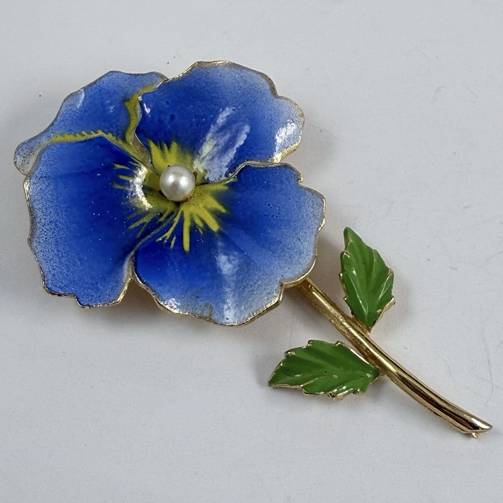 Vintage Blue & Yellow Enameled Faux Pearl Pansy Flower Brooch Gold Tone