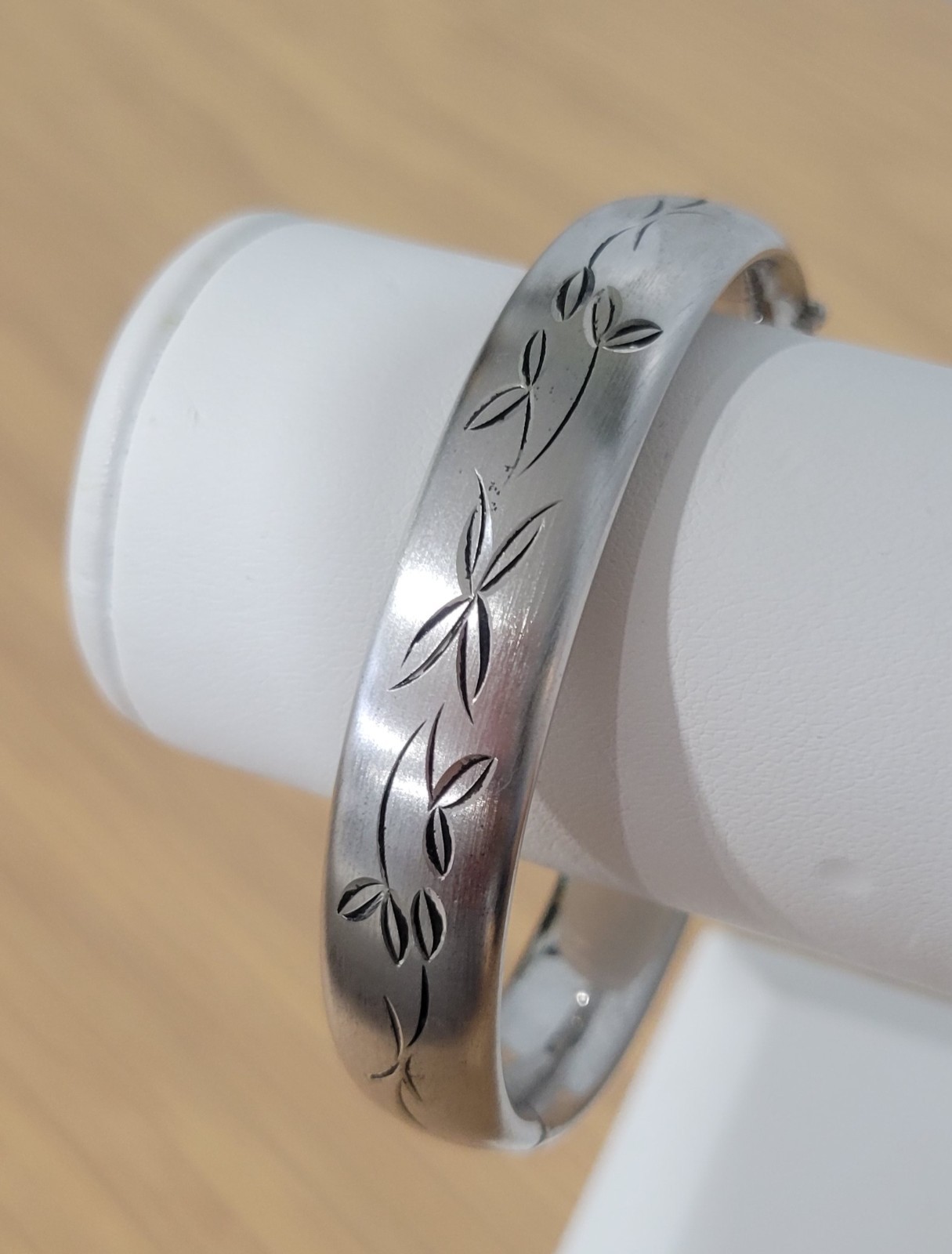 Vintage Sterling Silver H.F.B. Hinged Bracelet Etched Floral Brushed Finish