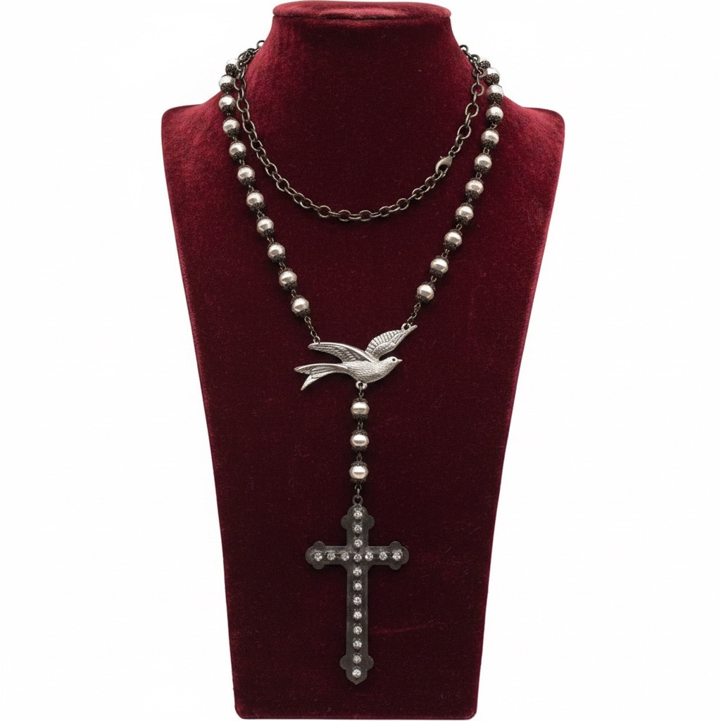 Vintage Faux Pearl Cross Pendant Necklace, Rosary Style, Gothic Victorian