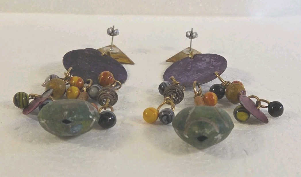 Vintage Boho Rustic Dangle Drop Post Earrings Mixed Metal Geometric Design – 4in
