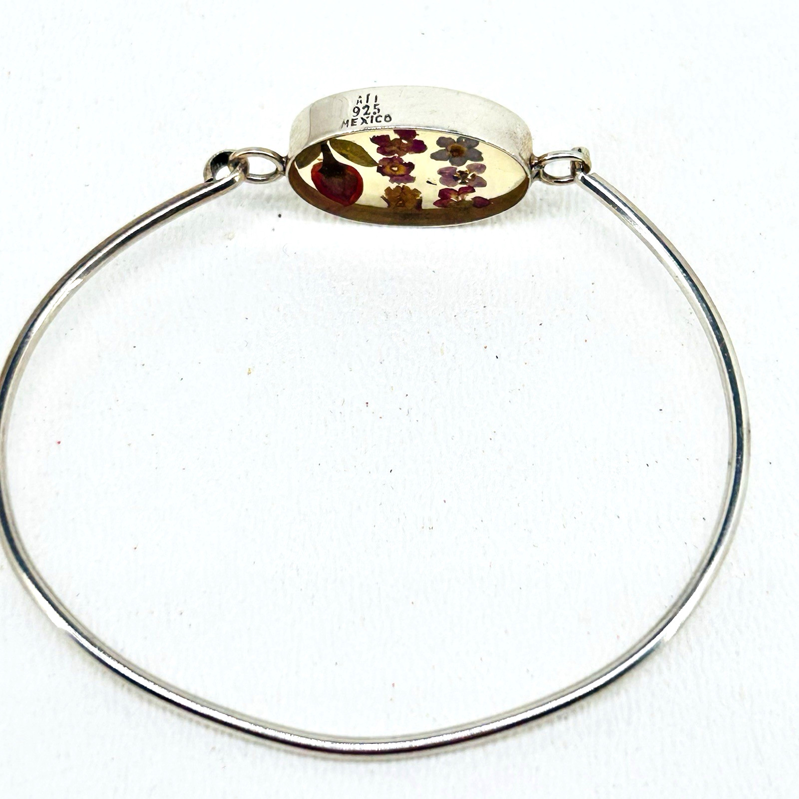 ATI Mexico 925 Sterling Artisan Oval Central Resin Dry Floral Charm Bracelet 6″