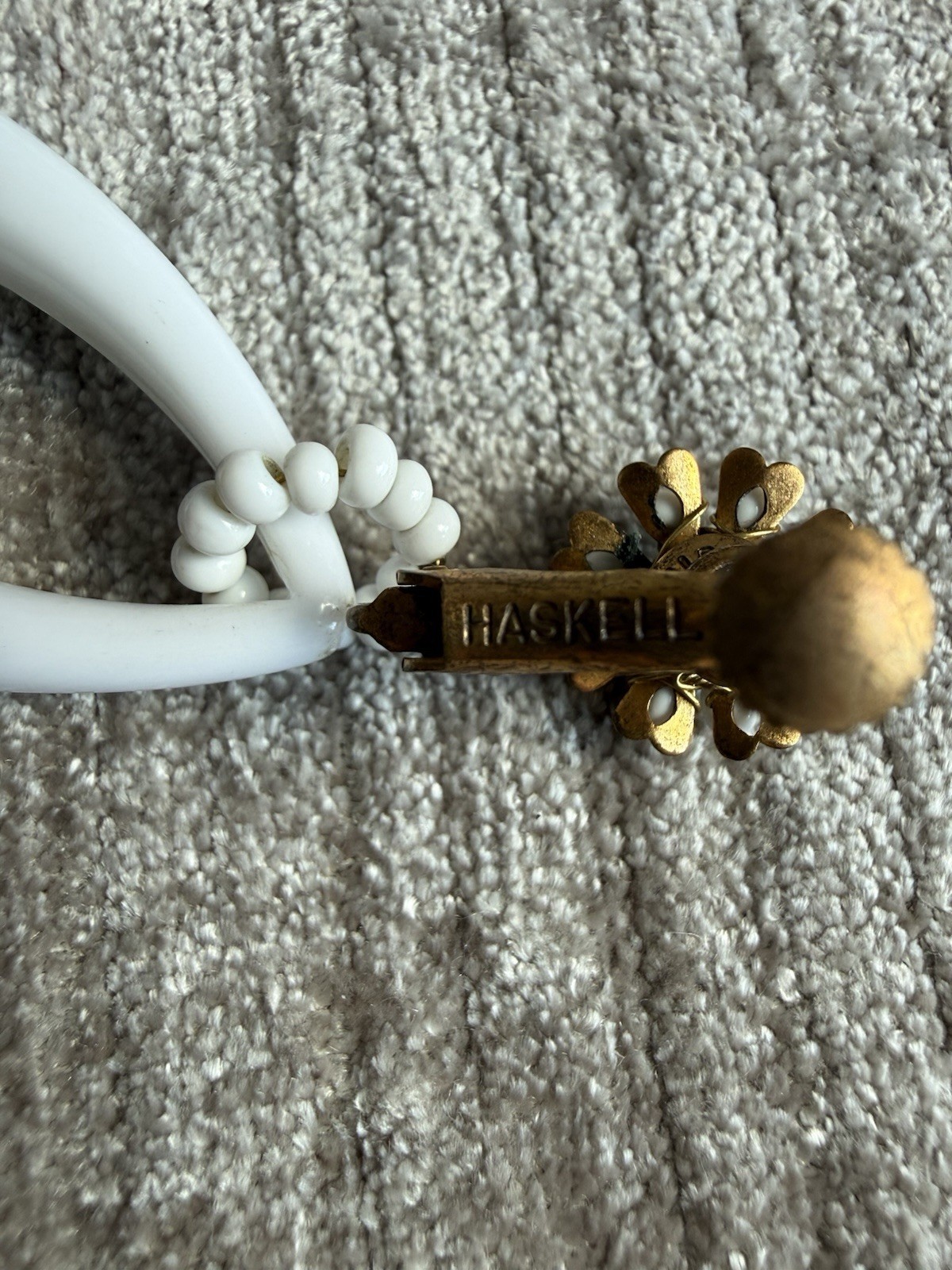 Miriam Haskell White Lucite Teardrop Dangle Clip Earrings Signed Milk Glass Bead