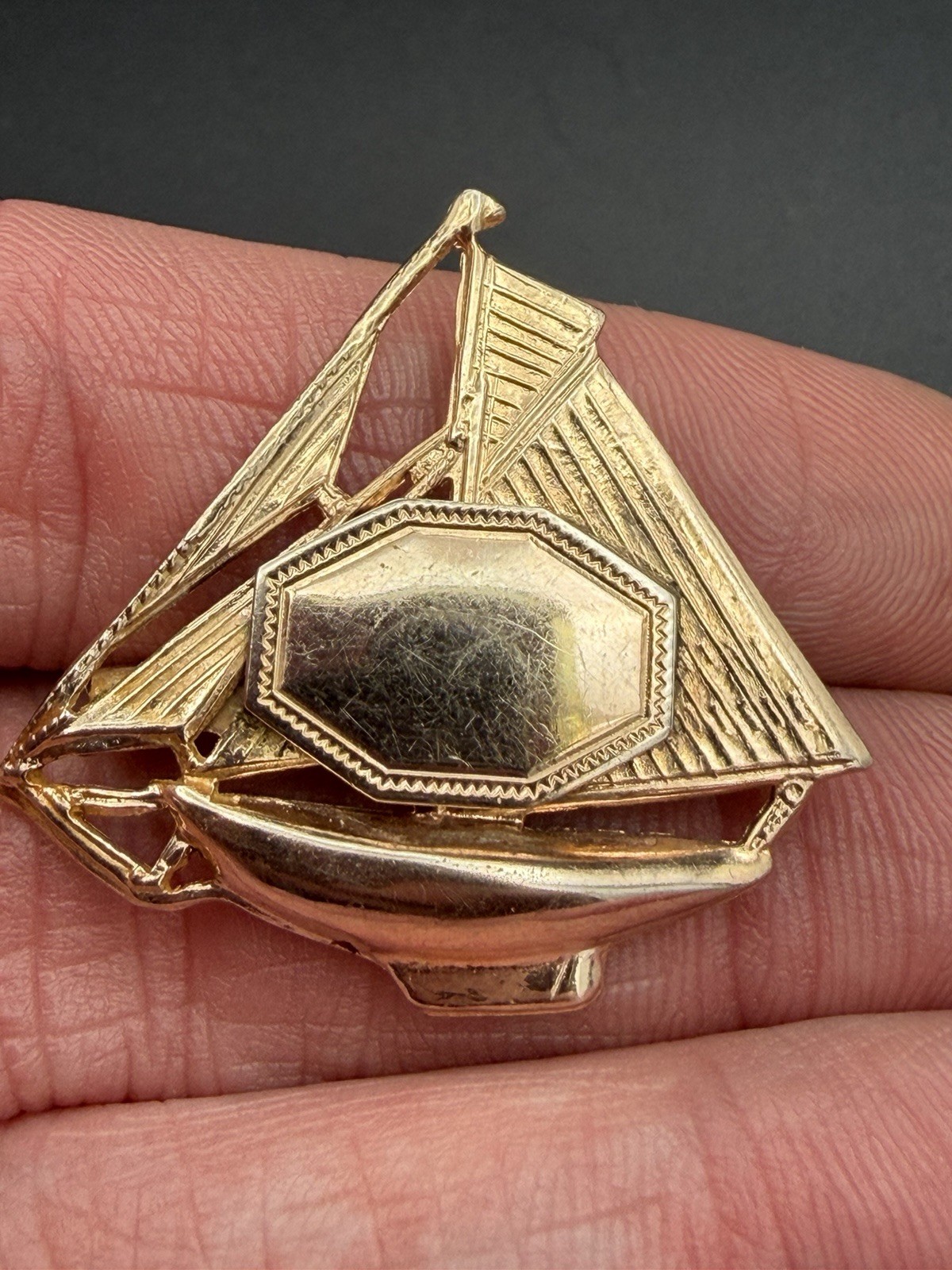 Vintage Gold Filled Ship Pin Engraveable Sailboat Brooch Gold