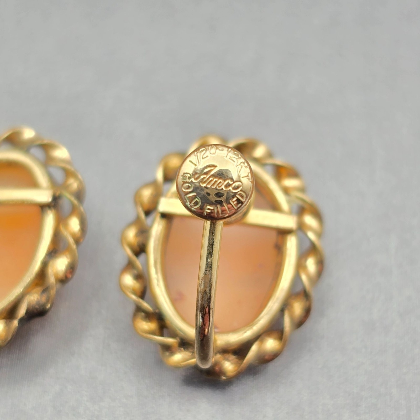 Vintage Cameo Earrings 12K Gold Filled Shell AMCO Mid Century Screw Back