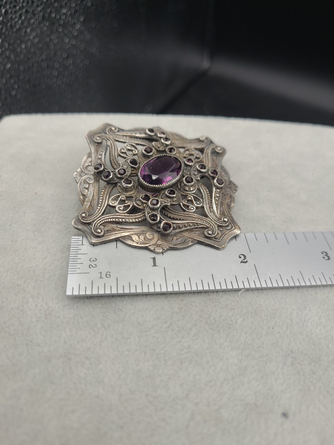 Vintage C-Clasp Art Deco Style Brooch Unknown Metal & Glass Stones Stamped 6839