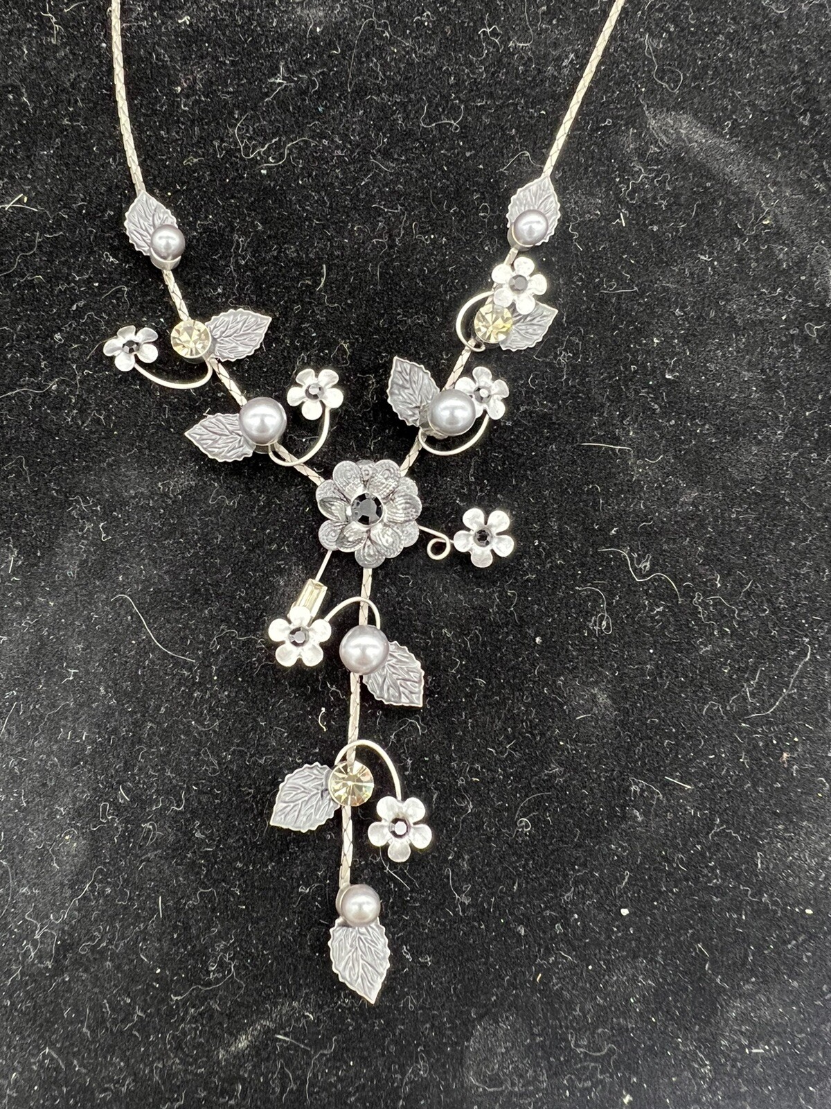 Vintage Sterling Silver, Faux Gray Pearl And Crystal Necklace, Black Flowers