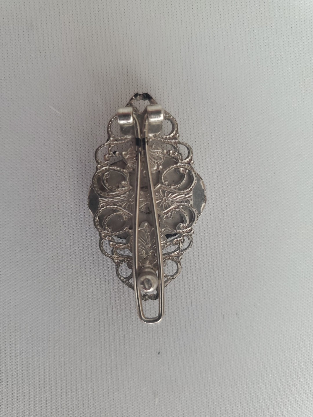 Vintage Filigree Round Metal Pendant and Matching Metal and Silver Pins/Brooches