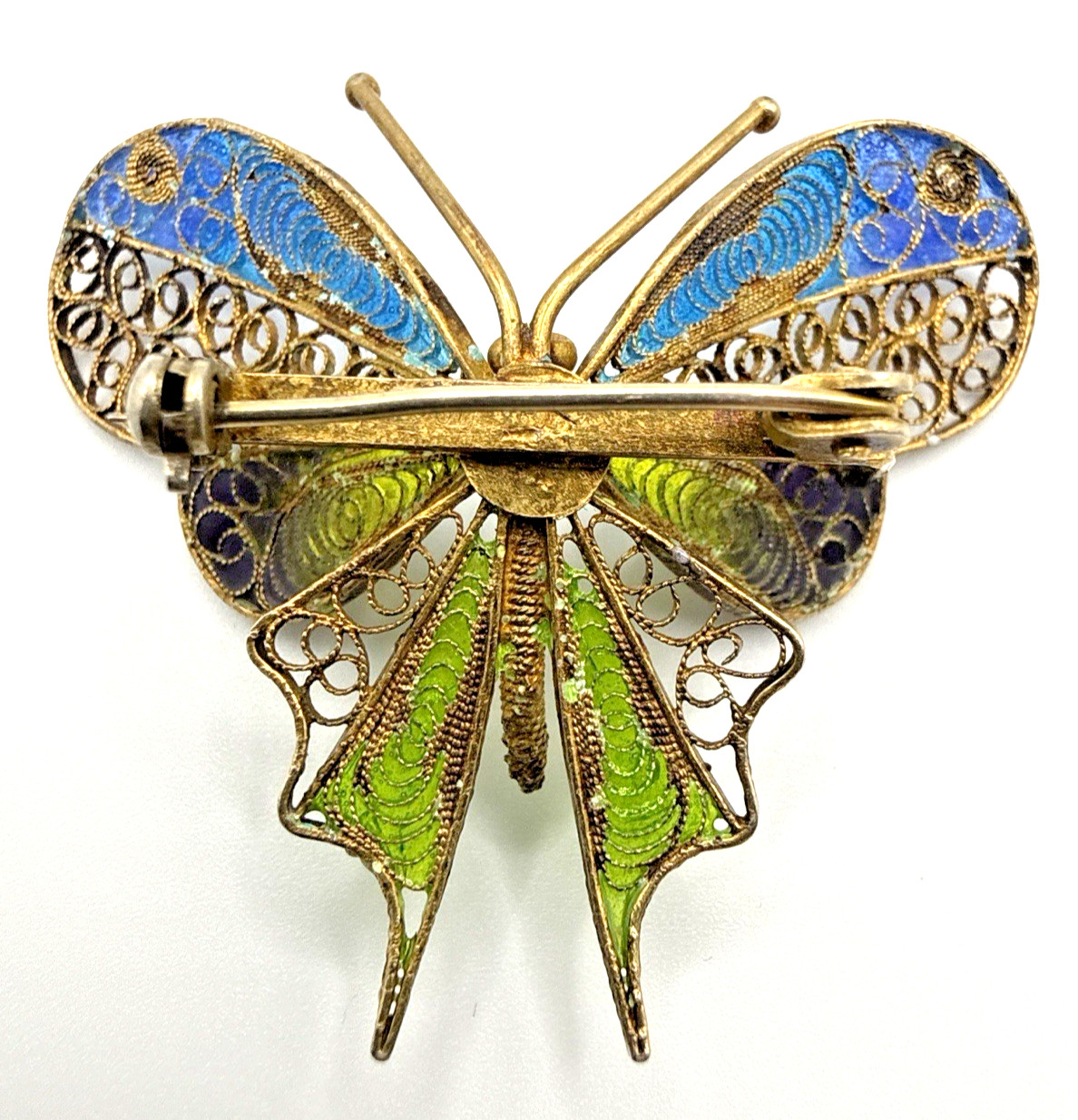 Antique 800 Silver Filigree Enamel Butterfly Brooch Blue Green Purple Pin