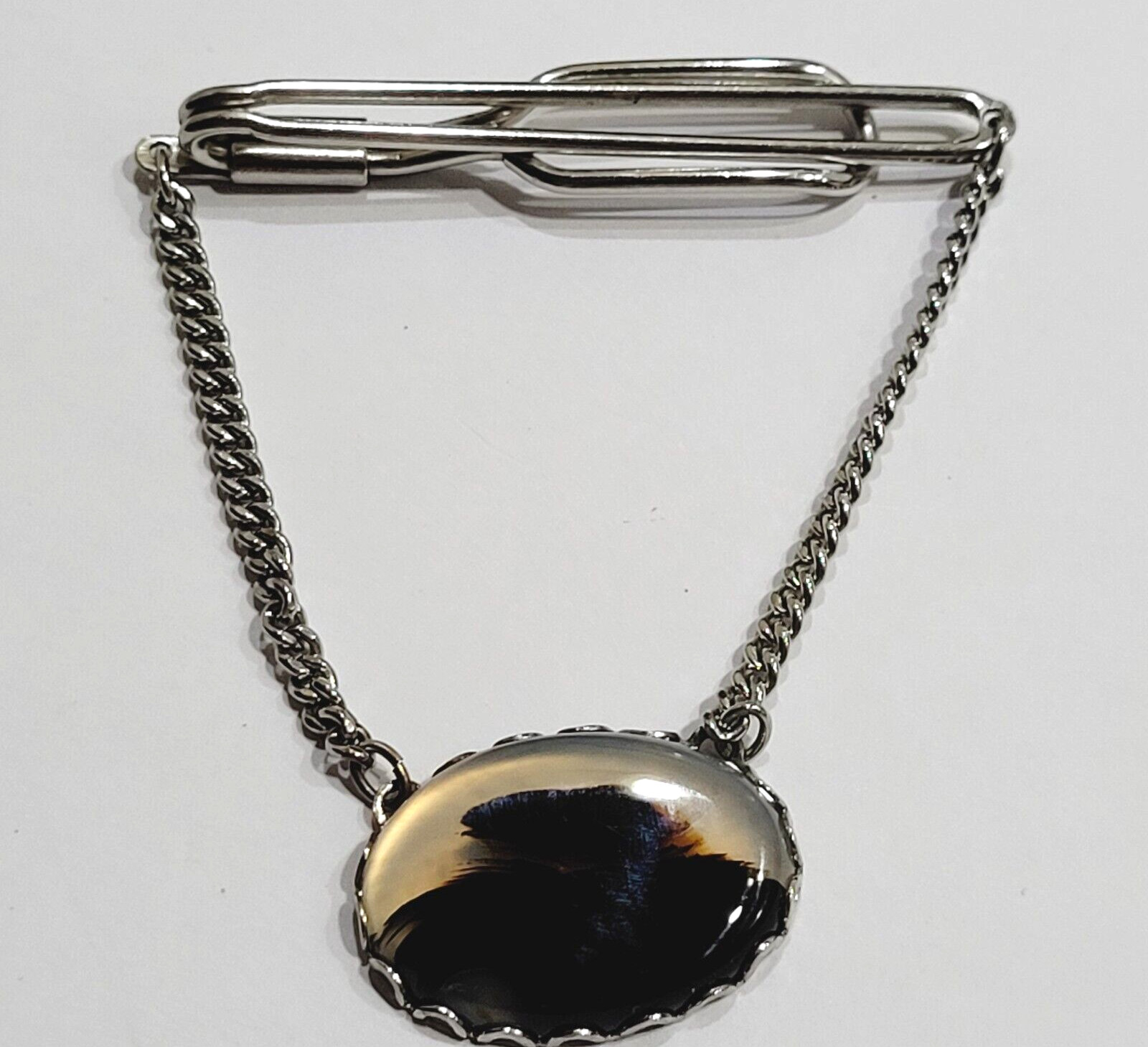 Agate Oval Cabochon Brown Shades Silver Tone Fancy Tie Bar Clip Clasp with Chain