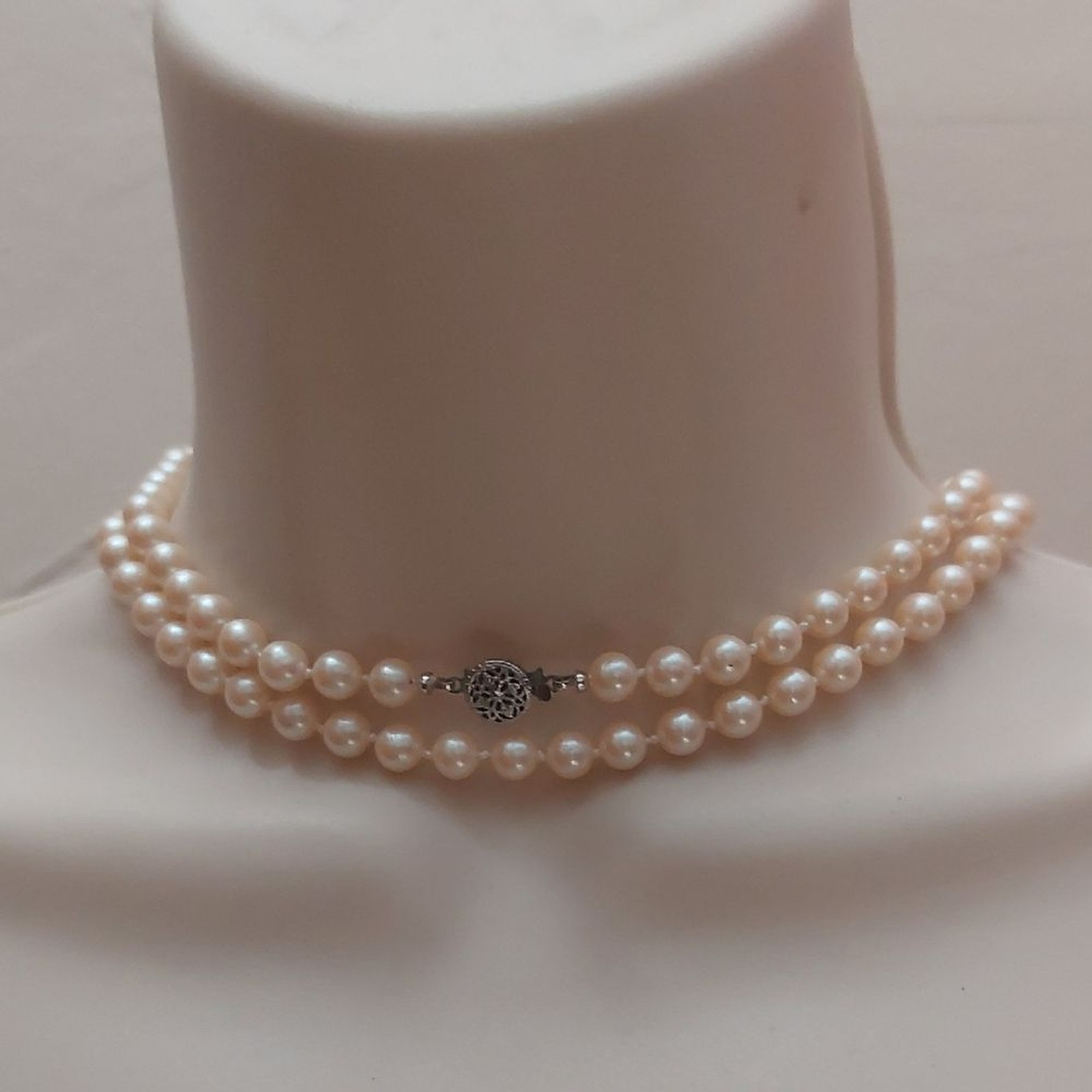 Vintage Classic Look Hand Knotted Faux Pearl Necklace Filigree Fish Hook Clasp