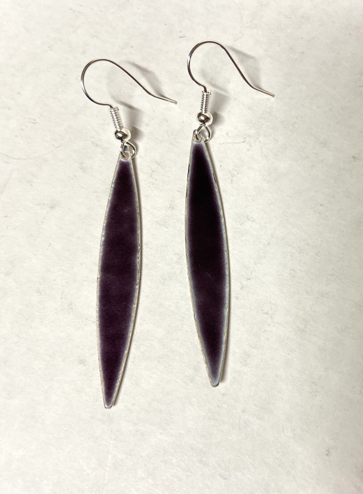 Vintage Purple enamel on Silver long Dangle Pierced Earrings- 2″ long
