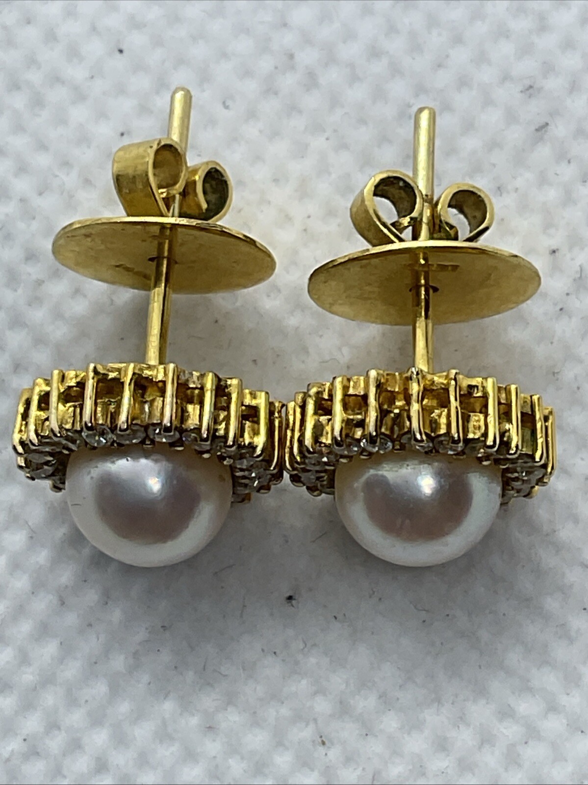 VINTAGE HANDMADE Solid 12K Yellow Gold Pearl & Diamond HALO Style STUD Earrings