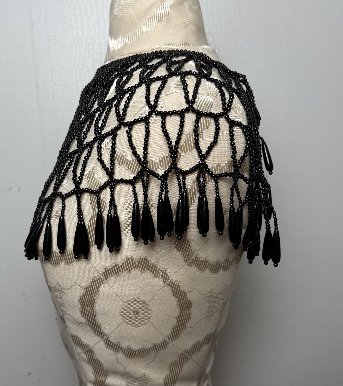 Vintage Black Beaded Collar Necklace Fringe Bib Capelet Statement Festival