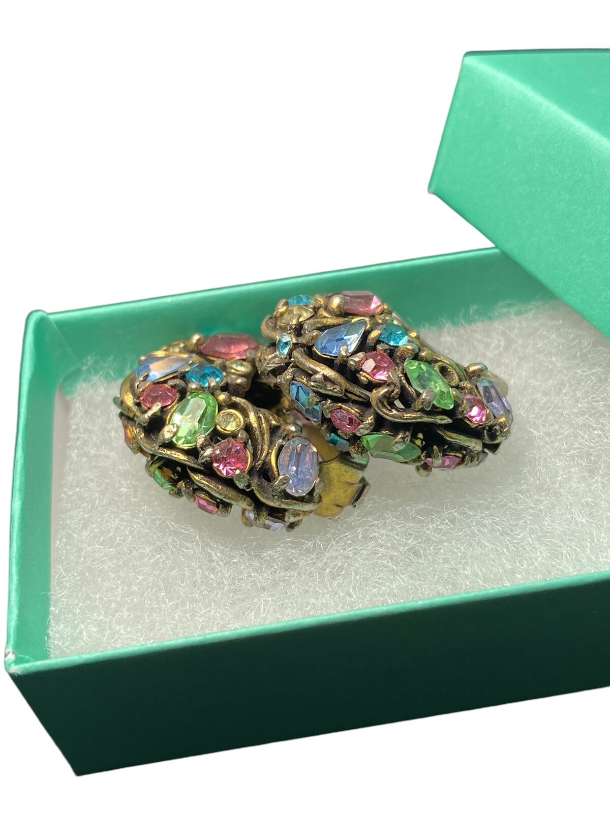 Vintage Hollycraft Multi Color Rhinestone Earrings Clip-on Silver tone Pastels