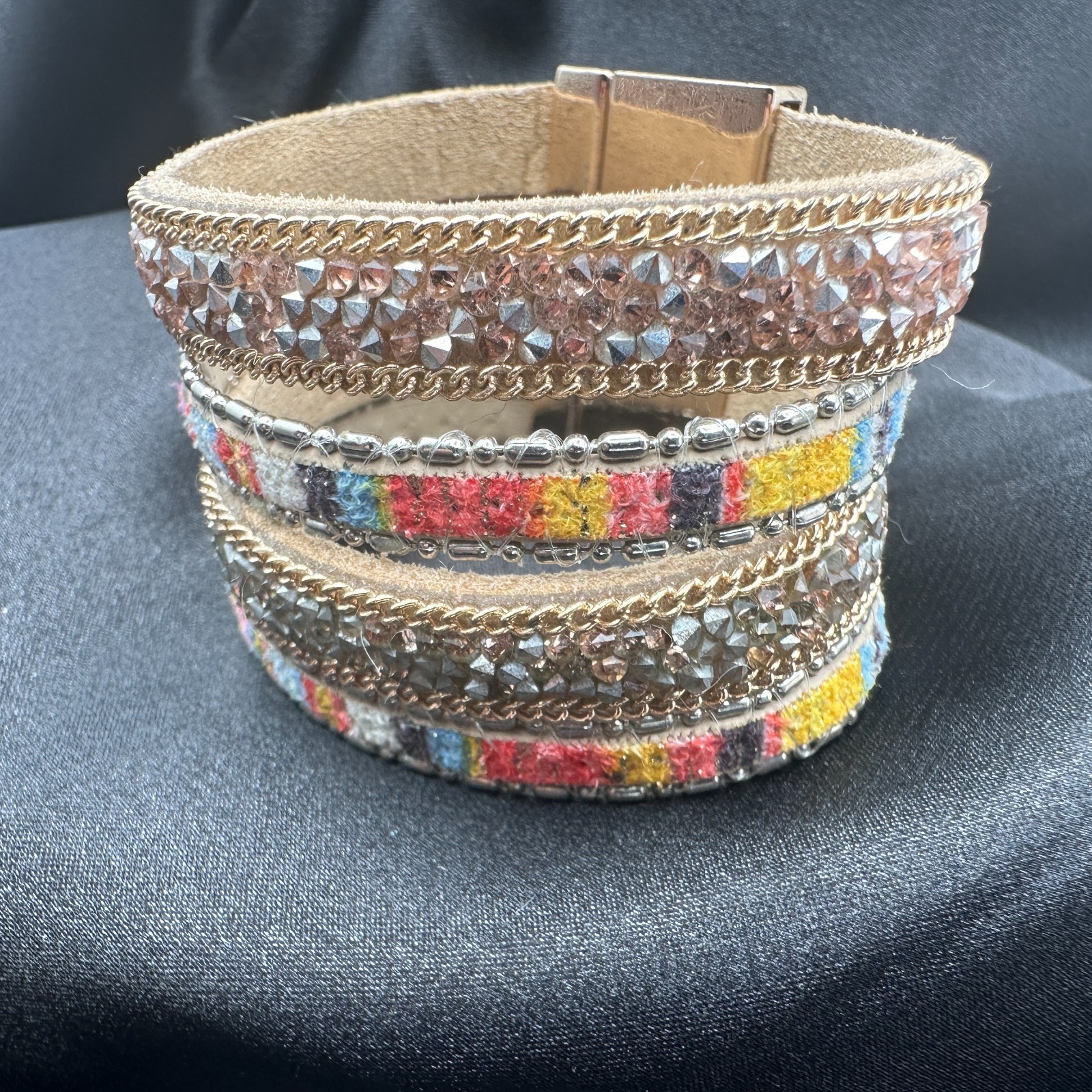 Vintage 90s Multi-Strand Wrap Bracelet Glass Fabric Statement Fashion Jewelry