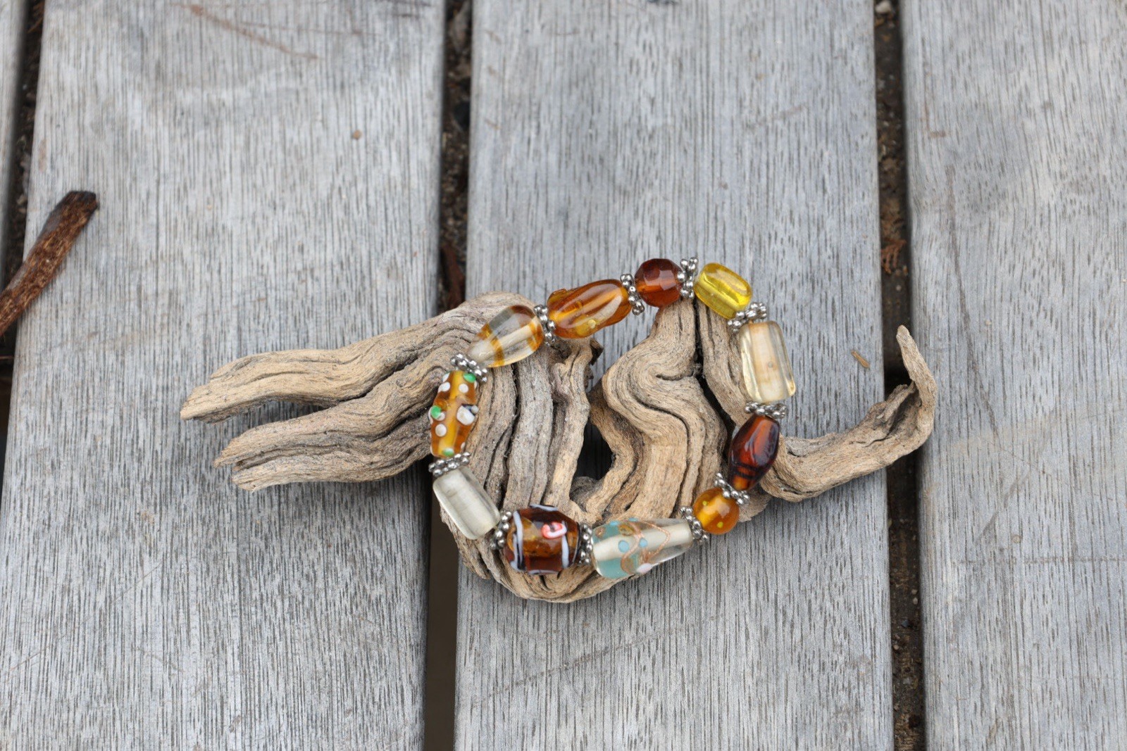 Vintage Lampwork Art Glass Bead Bracelet Amber Millefiori Stretch Boho Statement