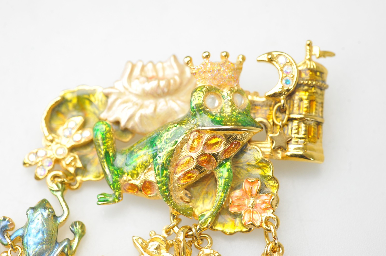 Kirks Folly Brooch dangle charm enamel rhinestone Frog Fairy prince crown AL14