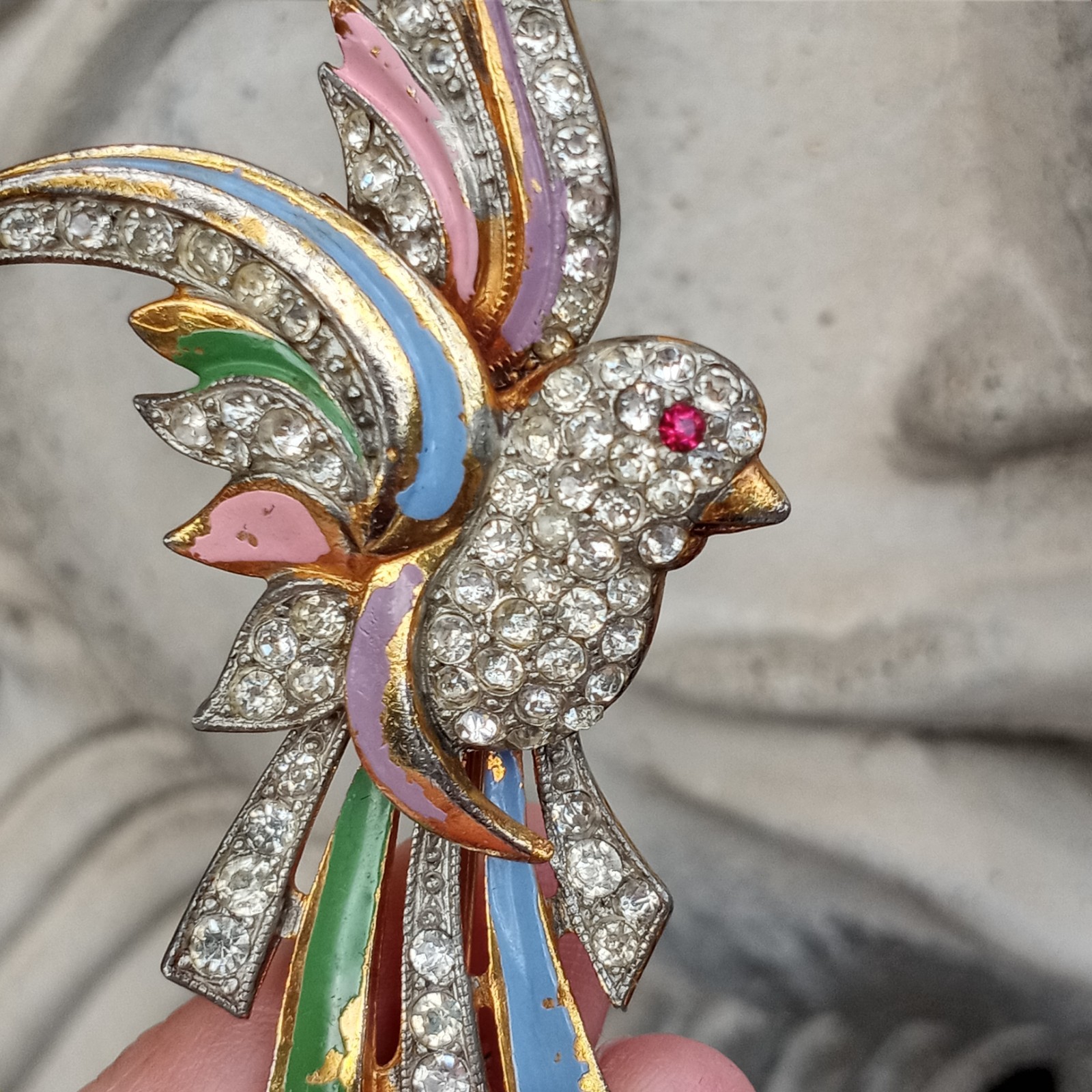 Vtg Coro? Clear Red Rhinestone Pink Blue Enameled Green Paradise Bird Brooch Pin