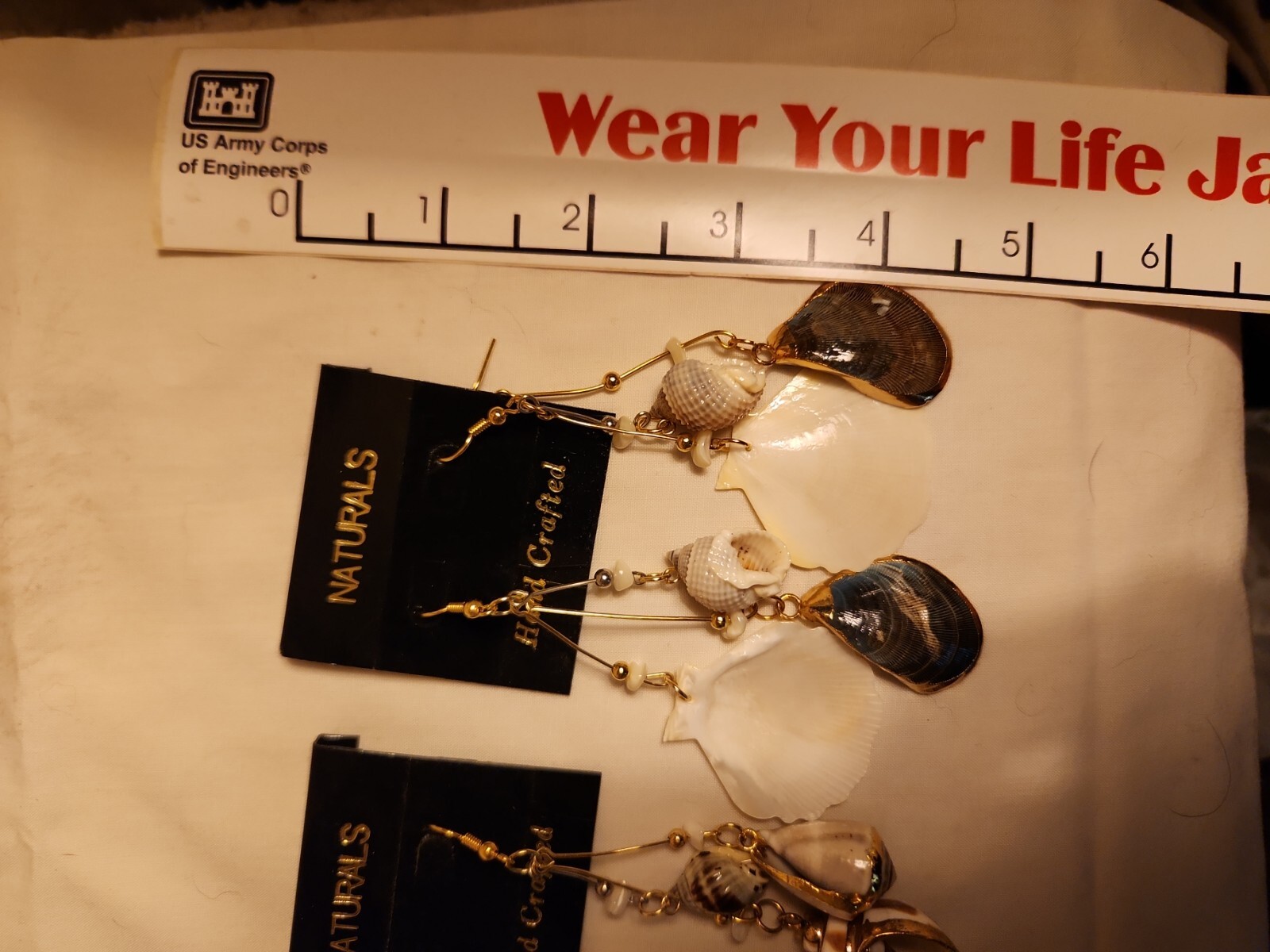 Vtg Sea shell gold trim foil natural estate Dangle Earrings 4″ Jewelry Lot of 2