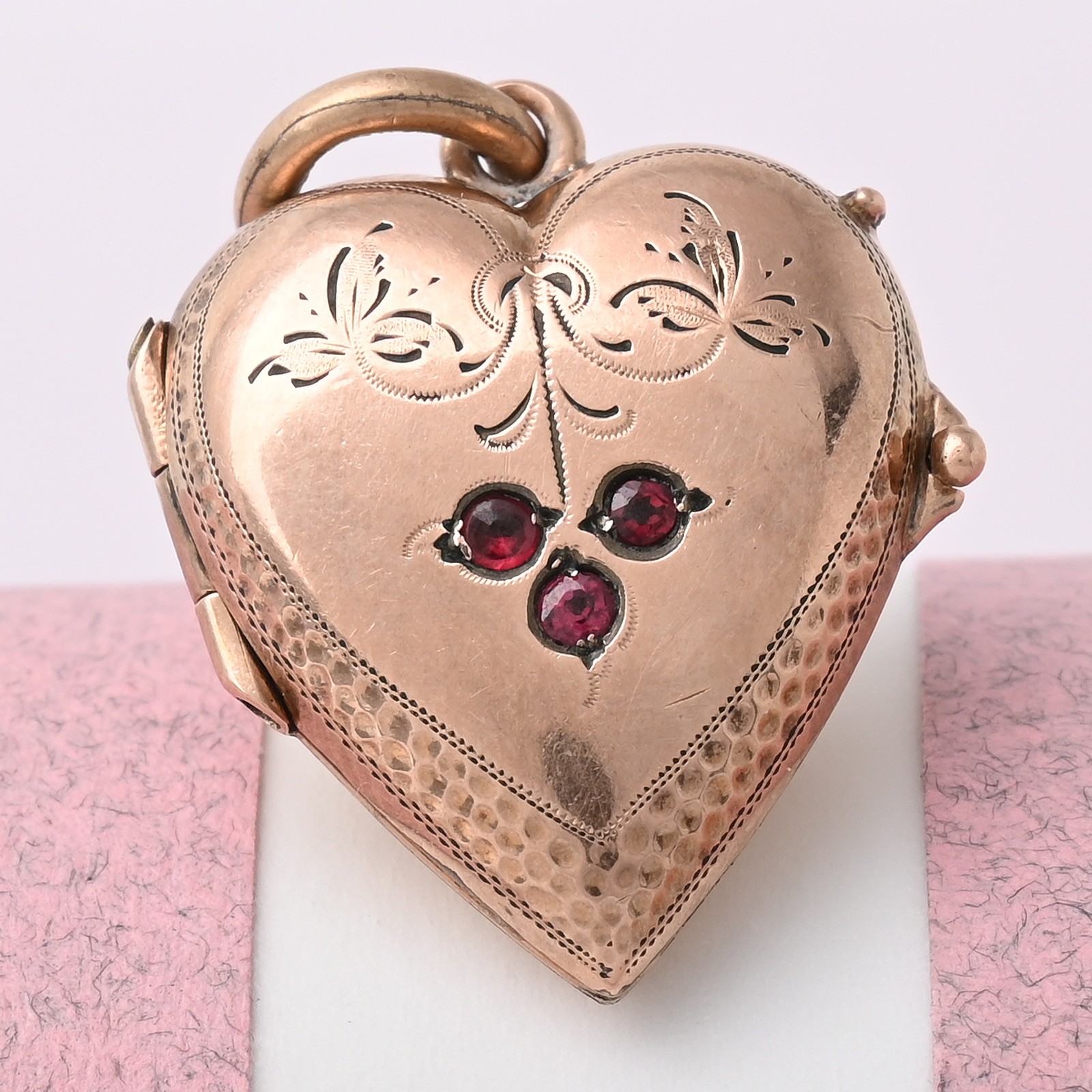 Antique Victorian Rose Gold Filled HEART CLOVER Paste Puffy Charm Pendant Locket