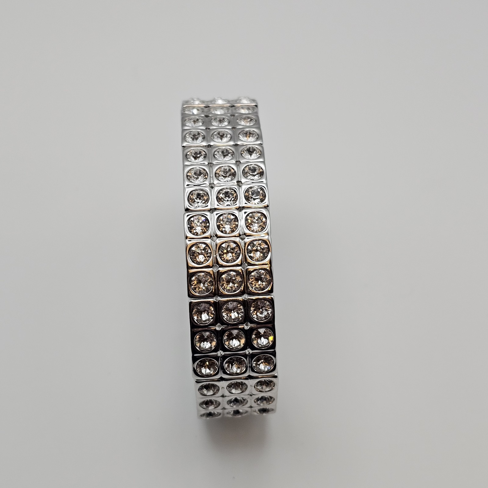 Vintage Brilliant Stretch Band Style Bracelet Silver Tone W/3 Rows Rhinestones