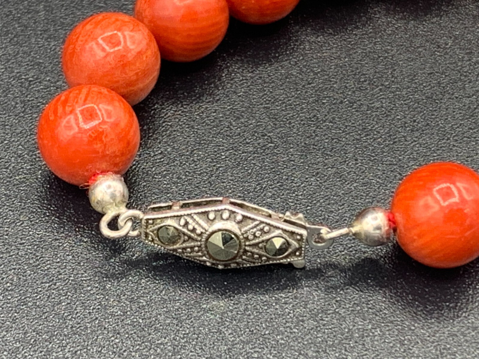 9mm Red Knotted Coral Beads Necklace W/ HB .925 Solid Silver Marcasite Clasp 72g