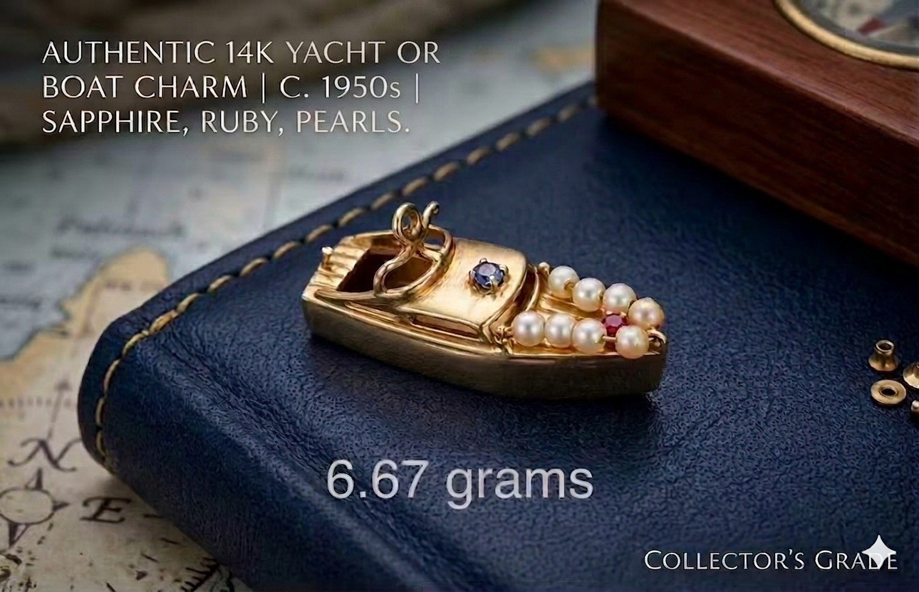 1955 Antique 14k Solid Yellow Gold Boat Charm Pendant Ruby Sapphire Pearls RARE