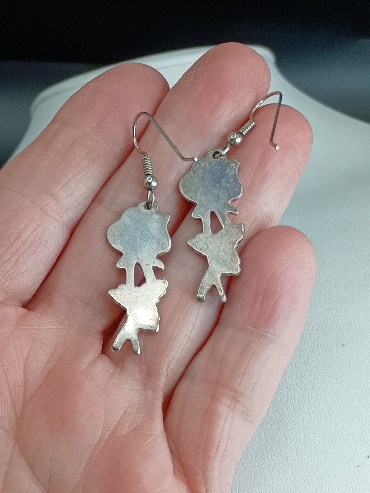 Vintage Rose Flower Pierced Earrings Dangle Hook Silver Untested Not Magnetic 2″
