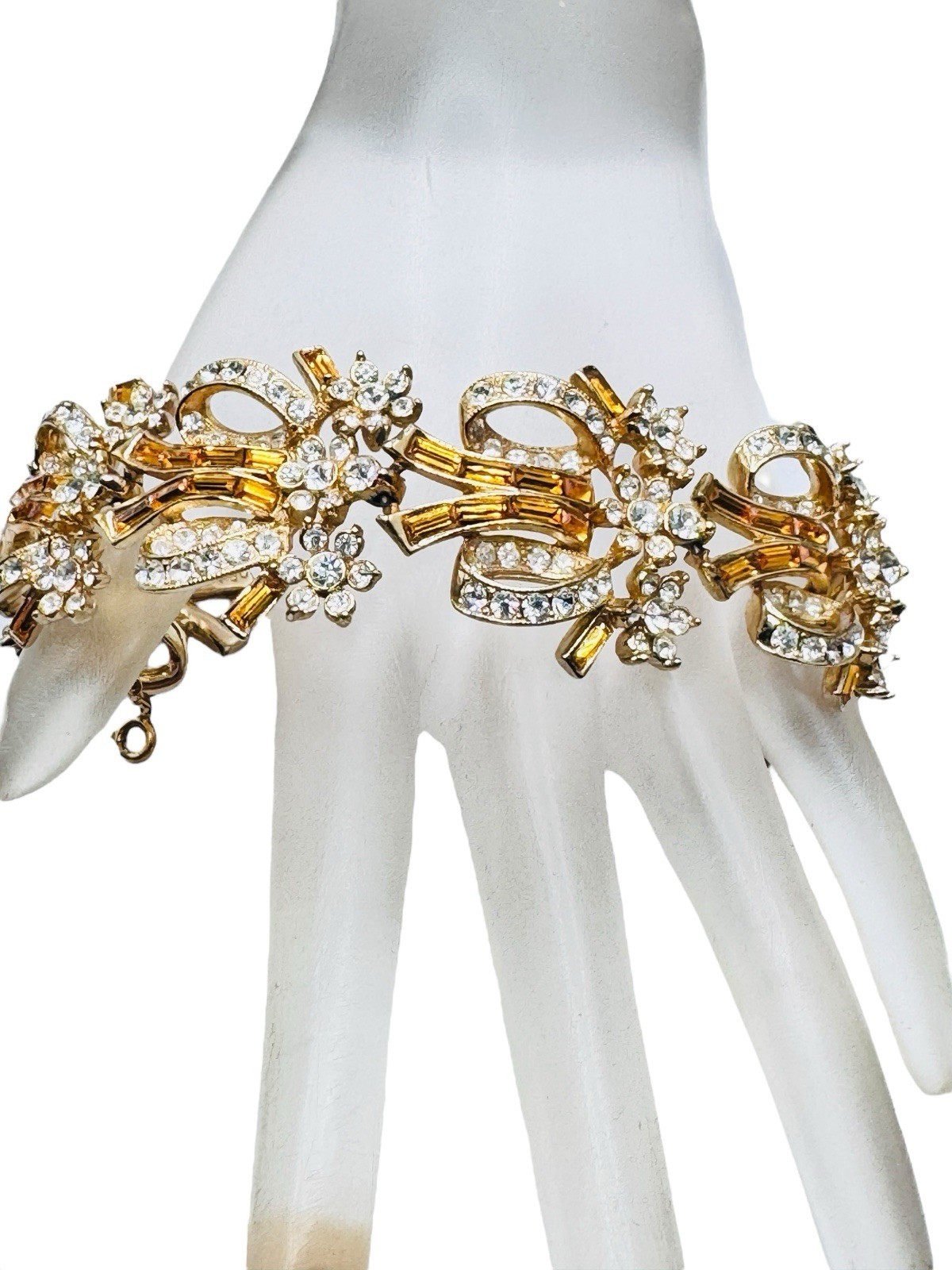Vintage ORA Topaz Baguette Rhinestone Bracelet Stunning Ribbons & Flowers